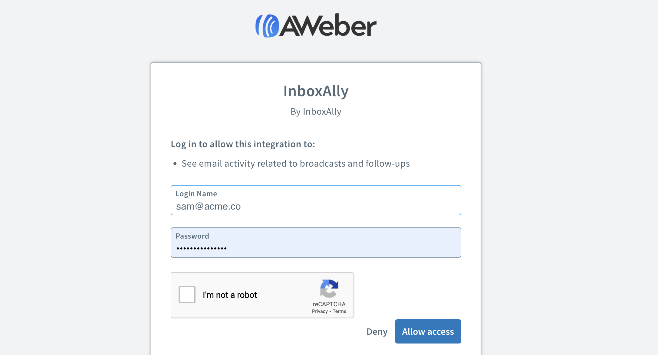 AWeber InboxAlly integration login screen with email, password, reCAPTCHA, and Allow access button