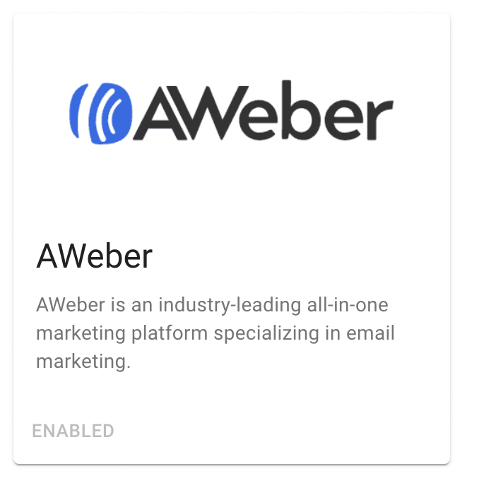 AWeber integration tile showing logo, description text, and “Enabled” status.