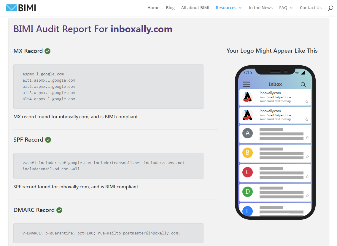BIMI Audit Report page showing MX, SPF, DMARC records for inboxally.com and logo preview.