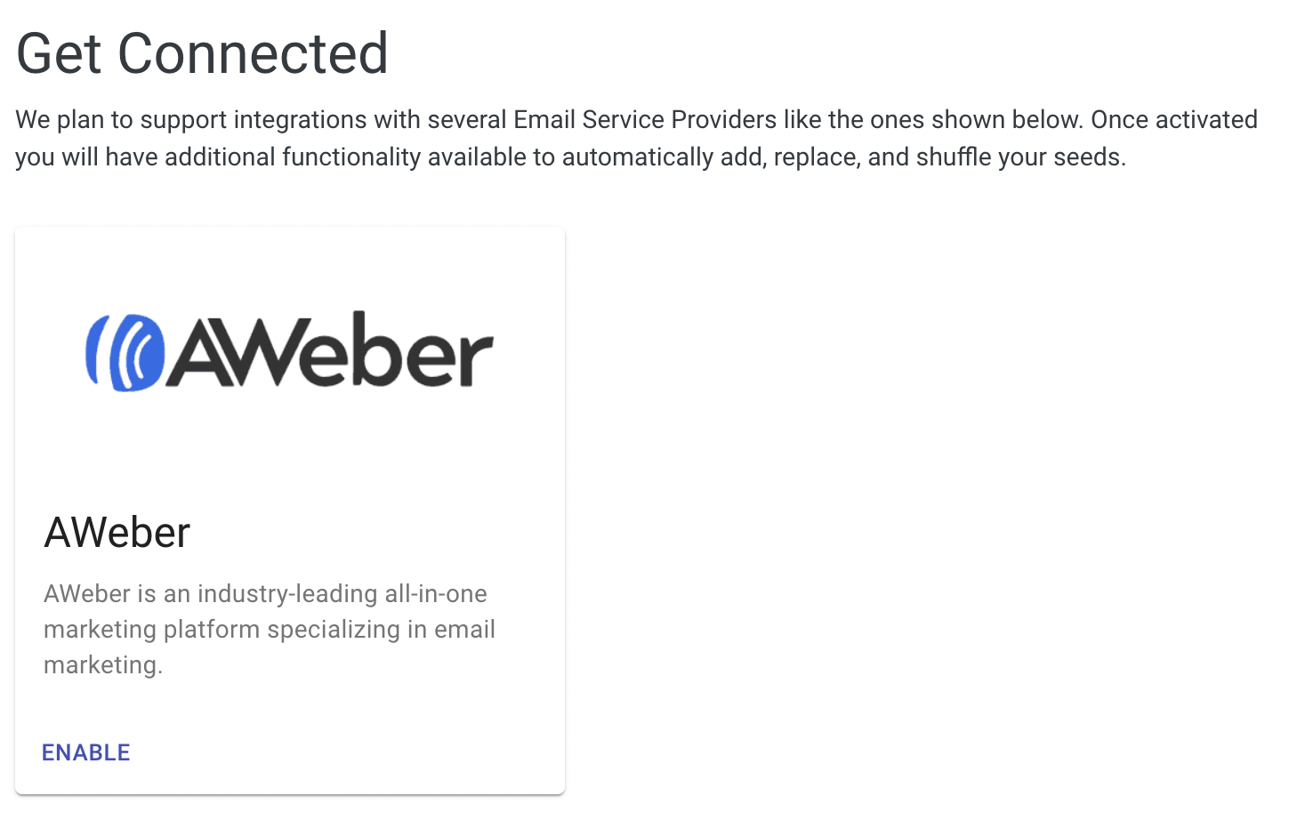 Get Connected page showing AWeber integration card with description and Enable button