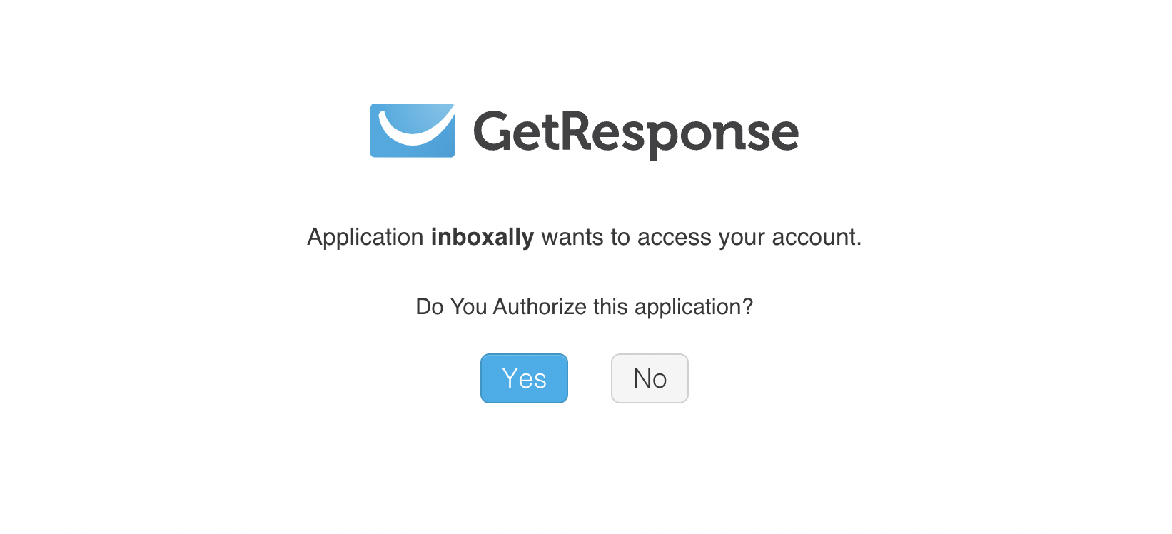 GetResponse authorization screen asking to allow inboxally access, with Yes and No buttons.