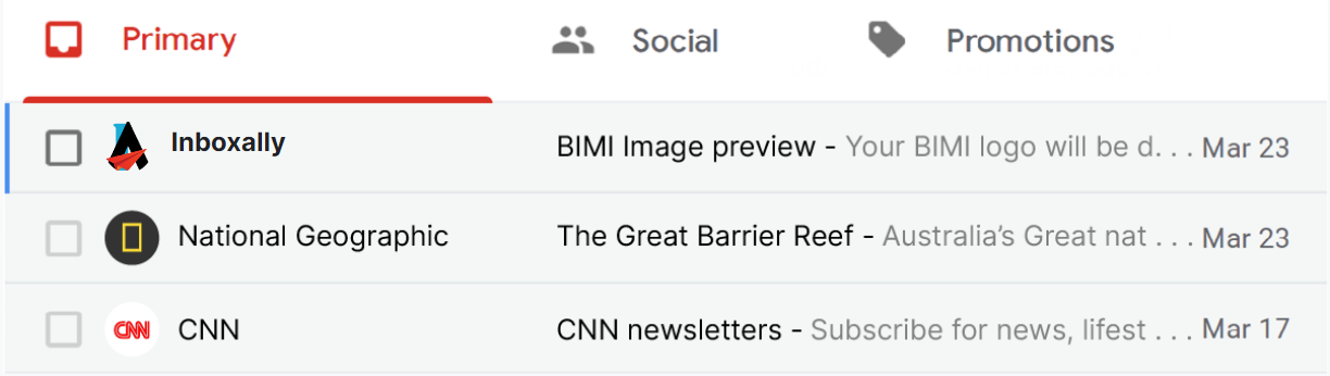 Gmail inbox Primary tab showing emails with BIMI logos from Inboxally, National Geographic, and CNN.