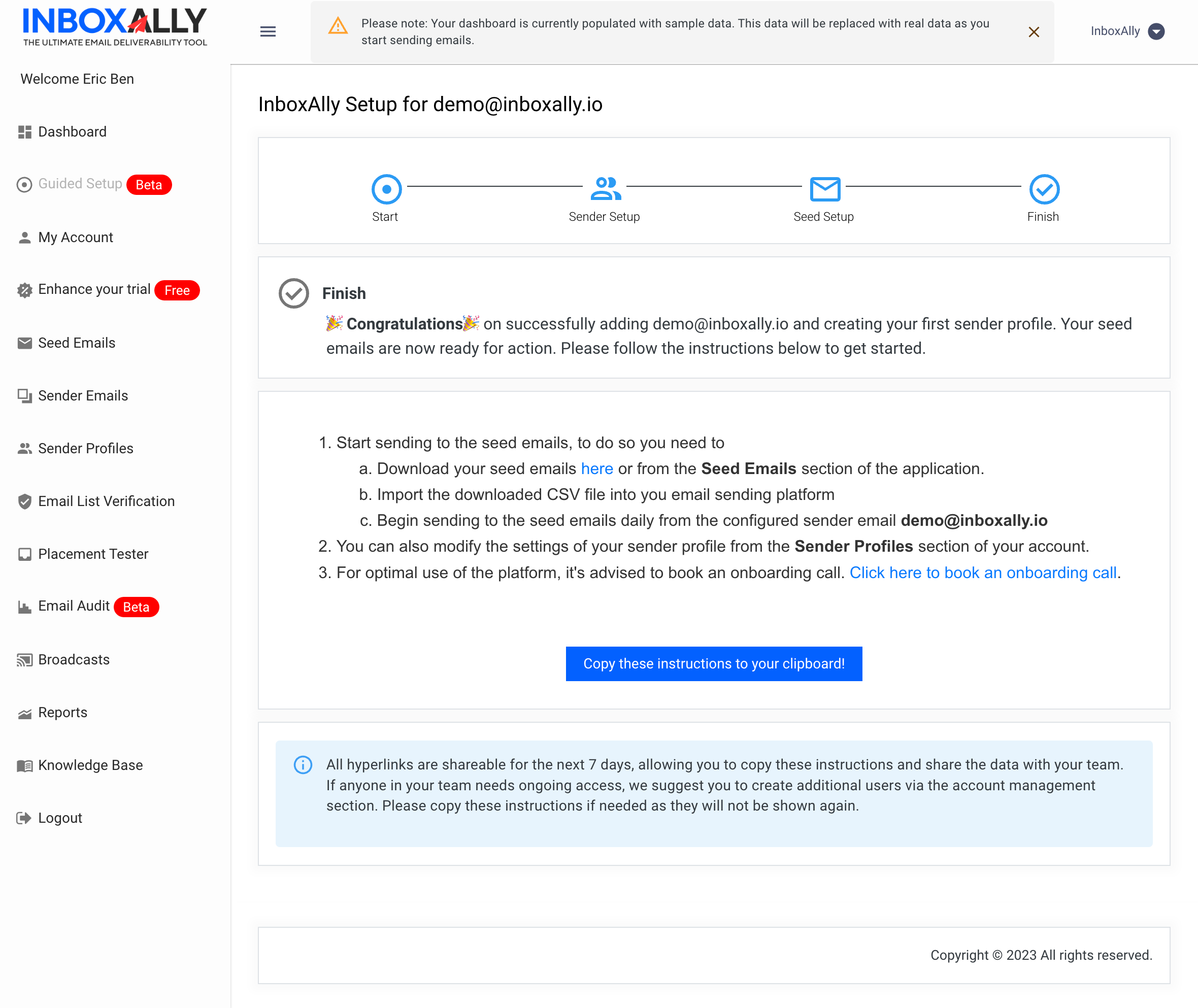 InboxAlly setup finish screen showing step progress and instructions to start sending seed emails.