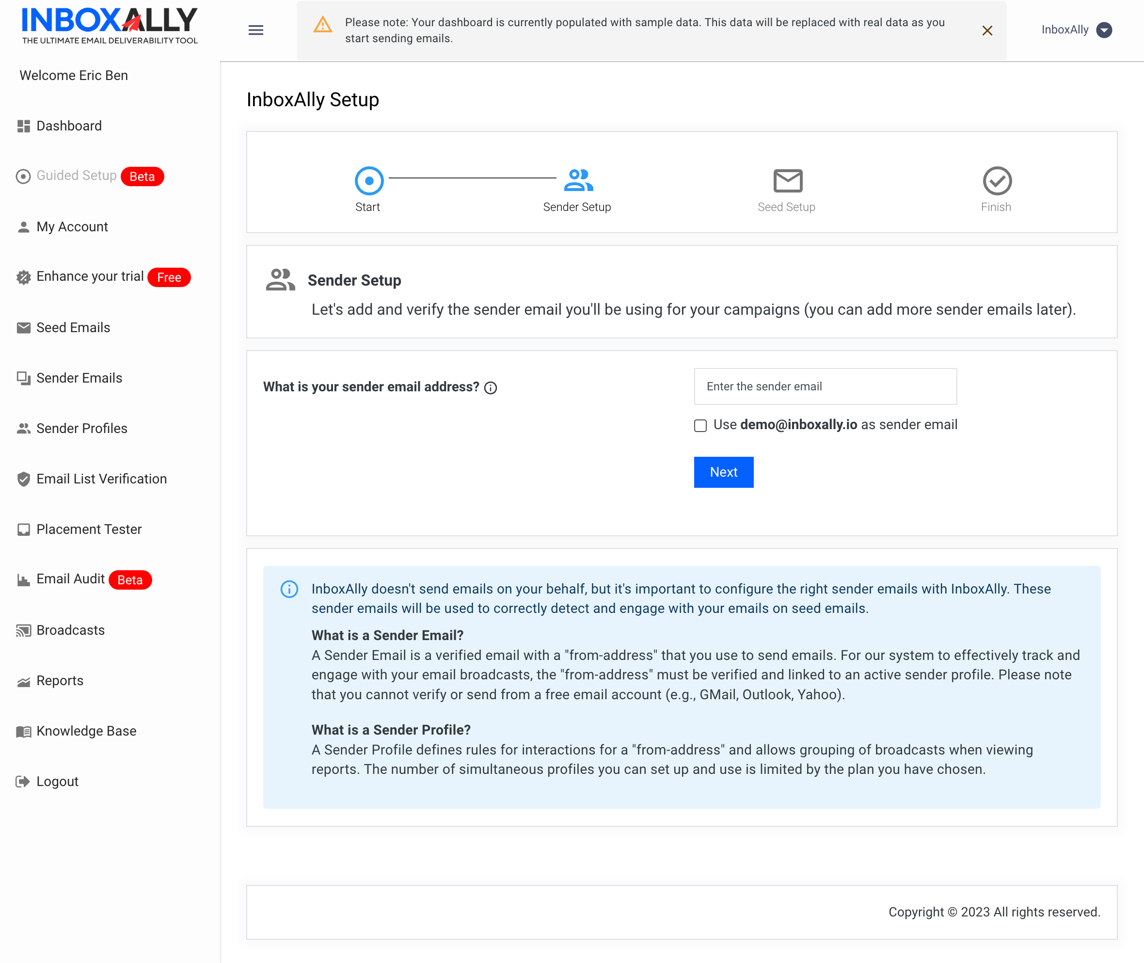 InboxAlly Setup screen showing Sender Setup step, sender email field, checkbox, and Next button.