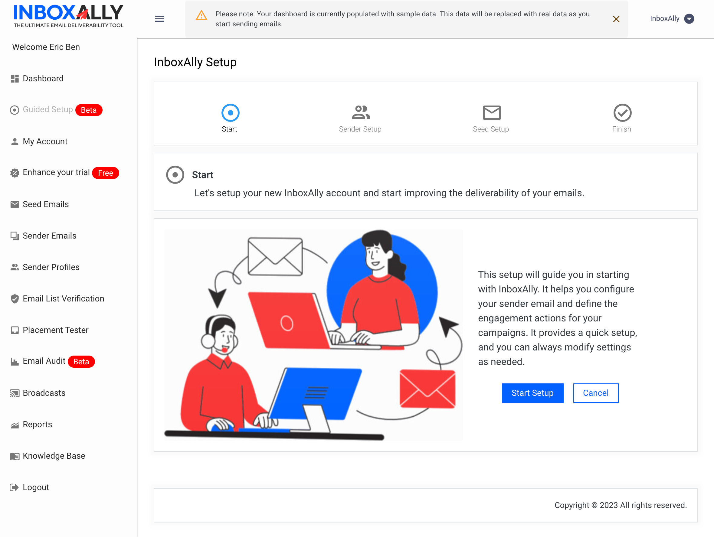 InboxAlly Setup screen with Start step selected and Start Setup and Cancel buttons.