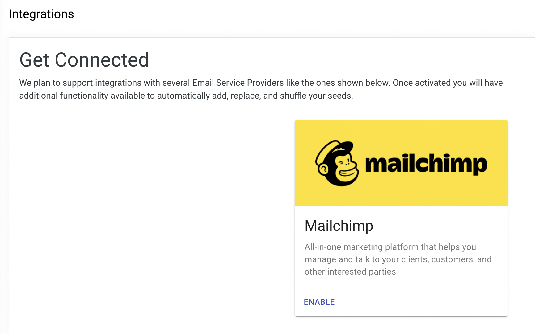 Integrations page showing Mailchimp integration card with description and Enable button.