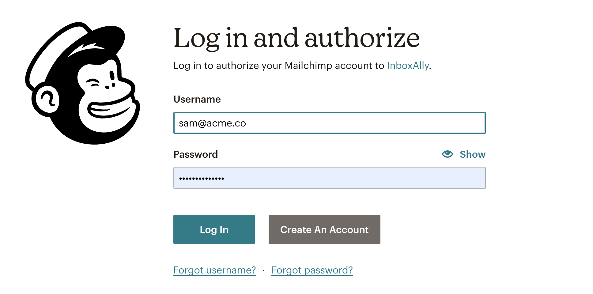 Mailchimp login and authorization page with username, password, Show toggle, and Log In button
