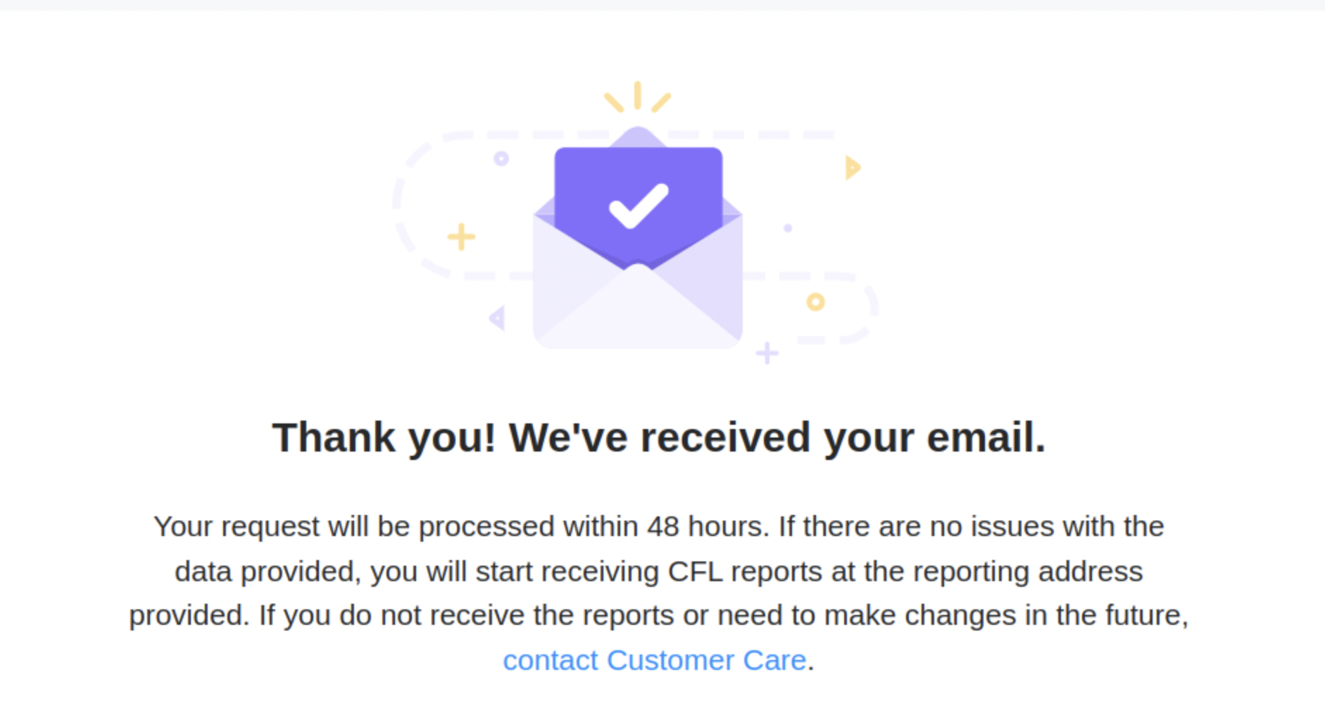 Confirmation page stating “Thank you! We’ve received your email” and processing within 48 hours.