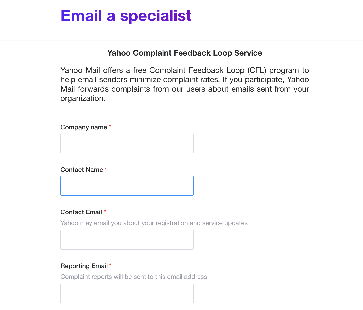 Yahoo Complaint Feedback Loop Service registration form with company name, contact name, and email fields